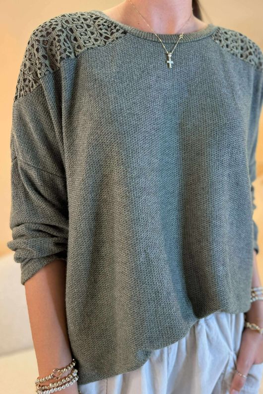 Made in Italy Fifi Lace Shoulder Fine Knit Top Soft Khaki /9 =